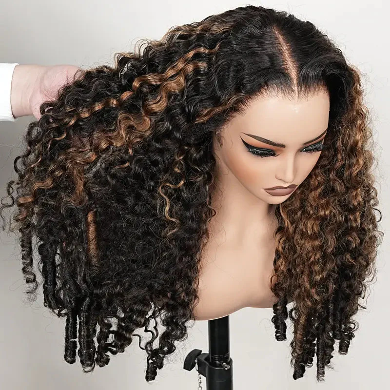 $100 Off | Luxury 7x5/13x6 Burmese Curly Brown Balayage Highlight Color Glueless HD Lace Human Hair Wig Flash Sale - Image 3
