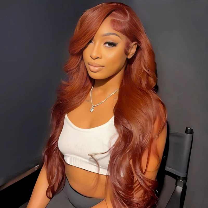 Double Drawn Hair Luxurious Copper Auburn Body Wave Glueless 13x6 Lace Front 200% Density Orange Put On And Go Human Hair Wig