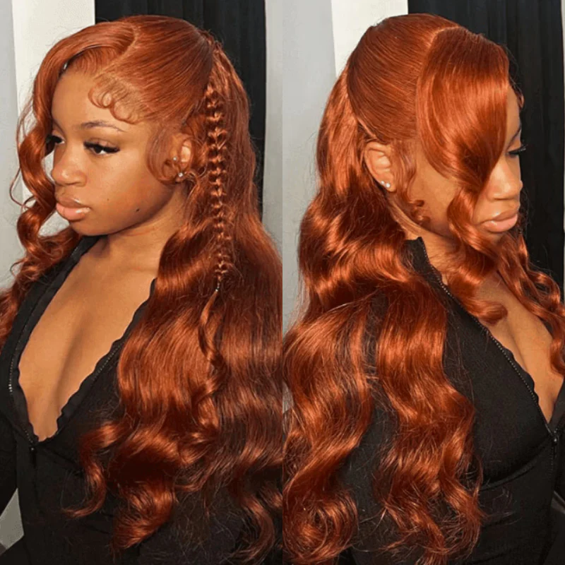 Double Drawn Hair Luxurious Copper Auburn Body Wave Glueless 13x6 Lace Front 200% Density Orange Put On And Go Human Hair Wig - Image 2