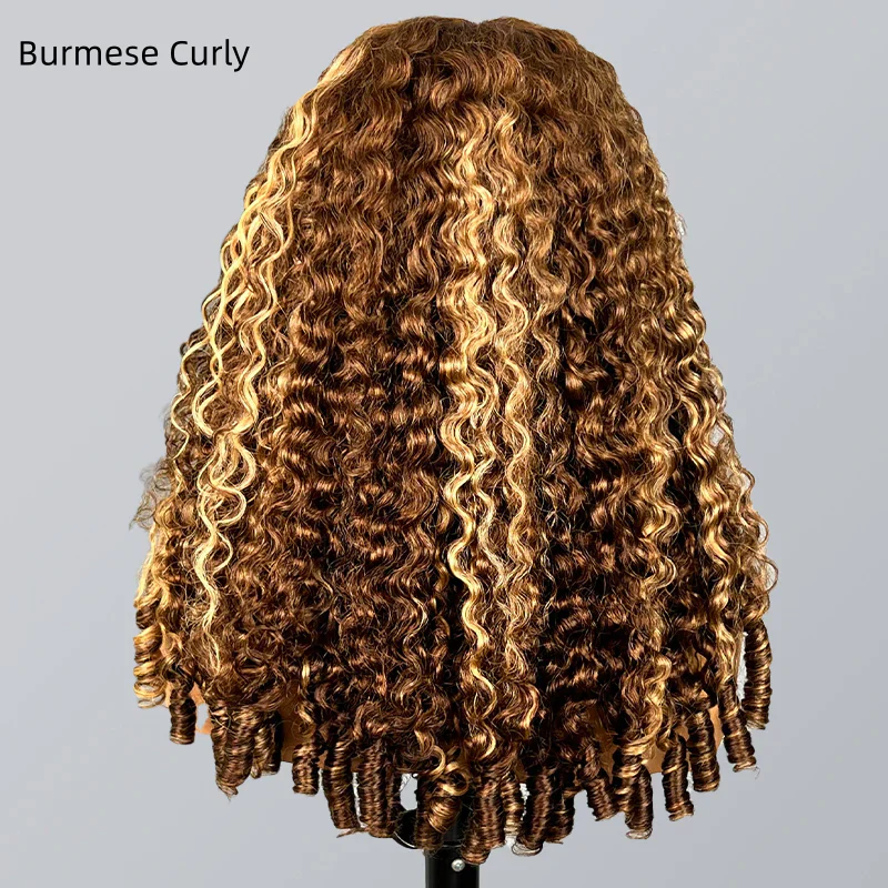 13x4 HD Lace Burmese Curly Glueless Wig Honey Blonde Highlight 250% Density Human Hair - Image 12