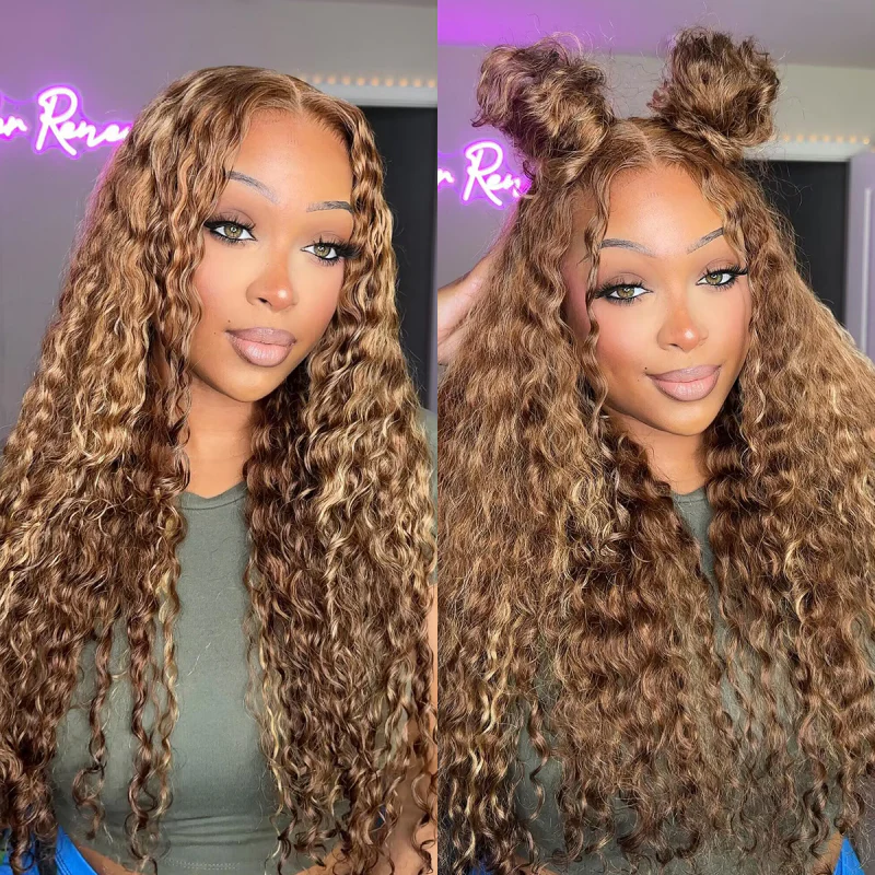 13x4 HD Lace Burmese Curly Glueless Wig Honey Blonde Highlight 250% Density Human Hair - Image 3