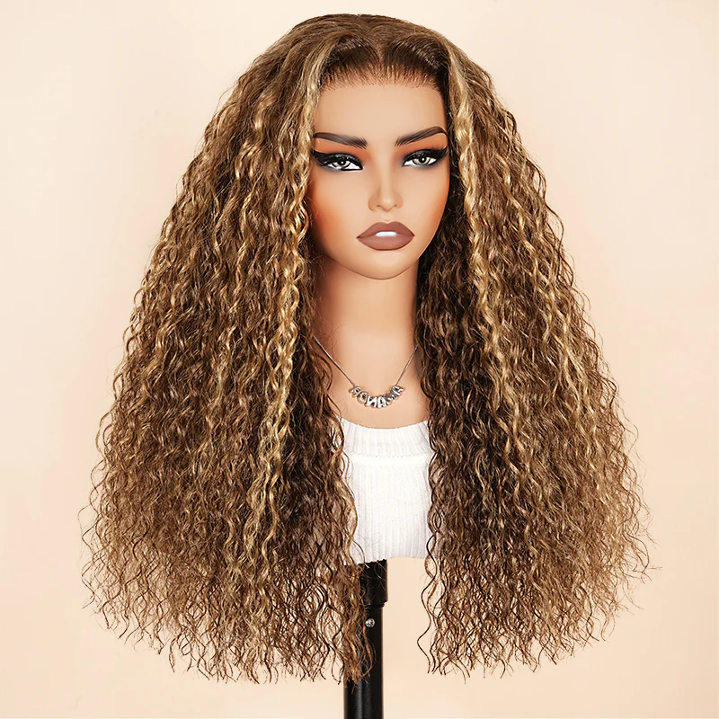 13x4 HD Lace Burmese Curly Glueless Wig Honey Blonde Highlight 250% Density Human Hair - Image 4