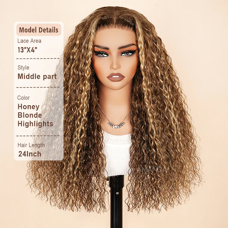 Bogo Flash Sale| Glueless Honey Blonde Water Wave 13x4 Lace Front Wig + Burmese Curly End Glueless 7x5 Lace Wig 200% Density Double Drawn - Image 4