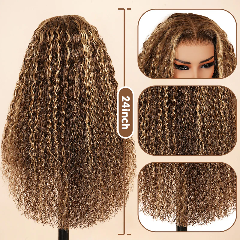 13x4 HD Lace Burmese Curly Glueless Wig Honey Blonde Highlight 250% Density Human Hair - Image 6