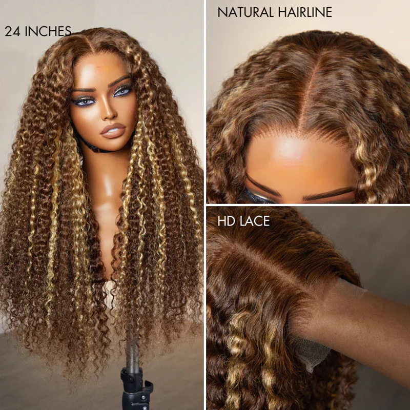 13x4 HD Lace Burmese Curly Glueless Wig Honey Blonde Highlight 250% Density Human Hair - Image 7