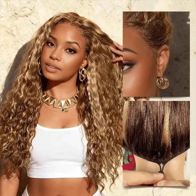 13x4 HD Lace Burmese Curly Glueless Wig Honey Blonde Highlight 250% Density Human Hair - Image 8