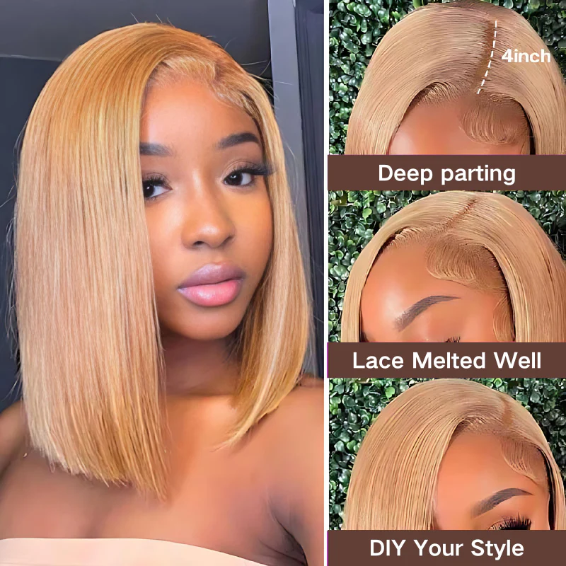 24H Fast Shipping | Honey Blonde Straight Short Bob 13x4 HD Lace Frontal Wig Flash Sale - Image 3