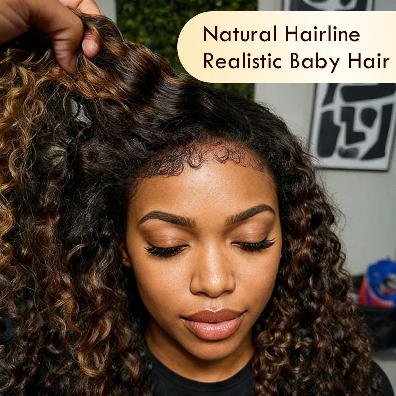 300% Density Burmese Curly Brown Highlight Glueless HD Lace Wig - Image 3