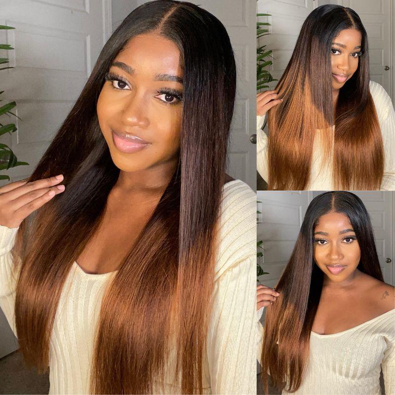 300% Density Dark Root Ombre Brown HD Transparent Lace Front Straight Glueless Human Hair Wig