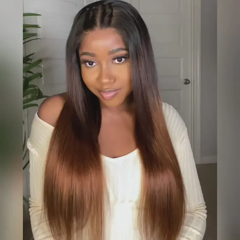 300% Density Dark Root Ombre Brown HD Transparent Lace Front Straight Glueless Human Hair Wig - Image 2