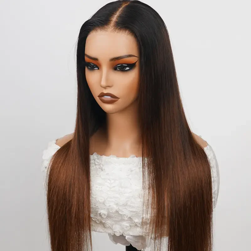 300% Density Dark Root Ombre Brown HD Transparent Lace Front Straight Glueless Human Hair Wig - Image 5