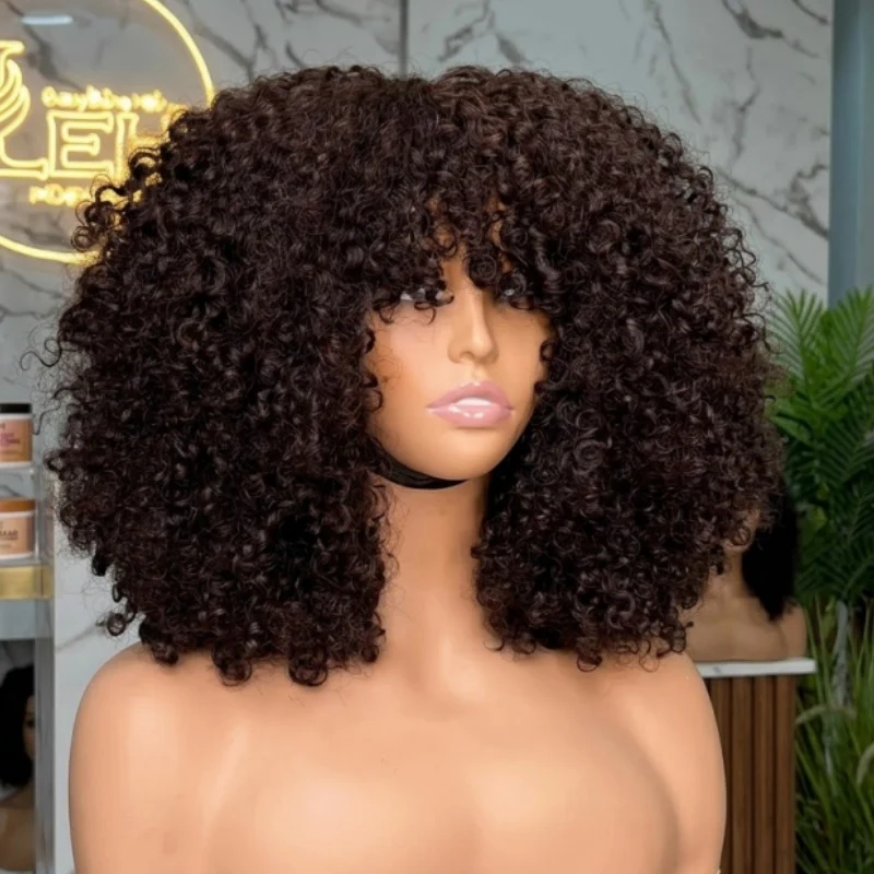 Amanda Double Drawn 300% Density 2×4 Lace Glueless Ombre Brown Curly Wig With Bangs & Drawstring - Image 11