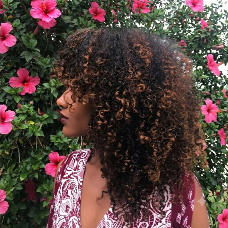 Amanda Double Drawn 300% Density 2×4 Lace Glueless Ombre Brown Curly Wig With Bangs & Drawstring - Image 4