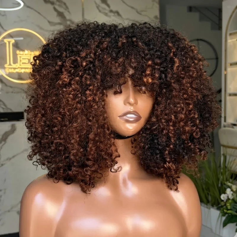 Amanda Double Drawn 300% Density 2×4 Lace Glueless Ombre Brown Curly Wig With Bangs & Drawstring - Image 5