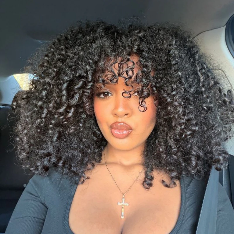 Amanda Double Drawn 300% Density 2×4 Lace Glueless Ombre Brown Curly Wig With Bangs & Drawstring - Image 6