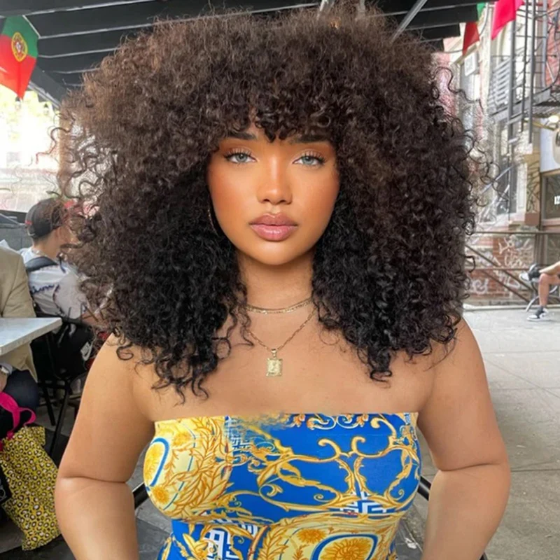 Amanda Double Drawn 300% Density 2×4 Lace Glueless Ombre Brown Curly Wig With Bangs & Drawstring - Image 7