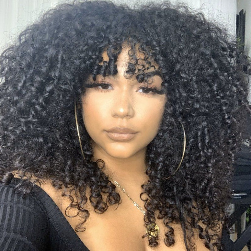 Amanda Double Drawn 300% Density 2×4 Lace Glueless Ombre Brown Curly Wig With Bangs & Drawstring - Image 8