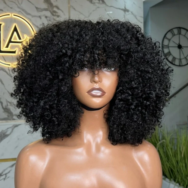 Amanda Double Drawn 300% Density 2×4 Lace Glueless Ombre Brown Curly Wig With Bangs & Drawstring - Image 9