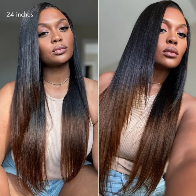 Amanda Hair Glueless Ombre Brown Yaki Straight Human Hair Bob Wig - Image 4