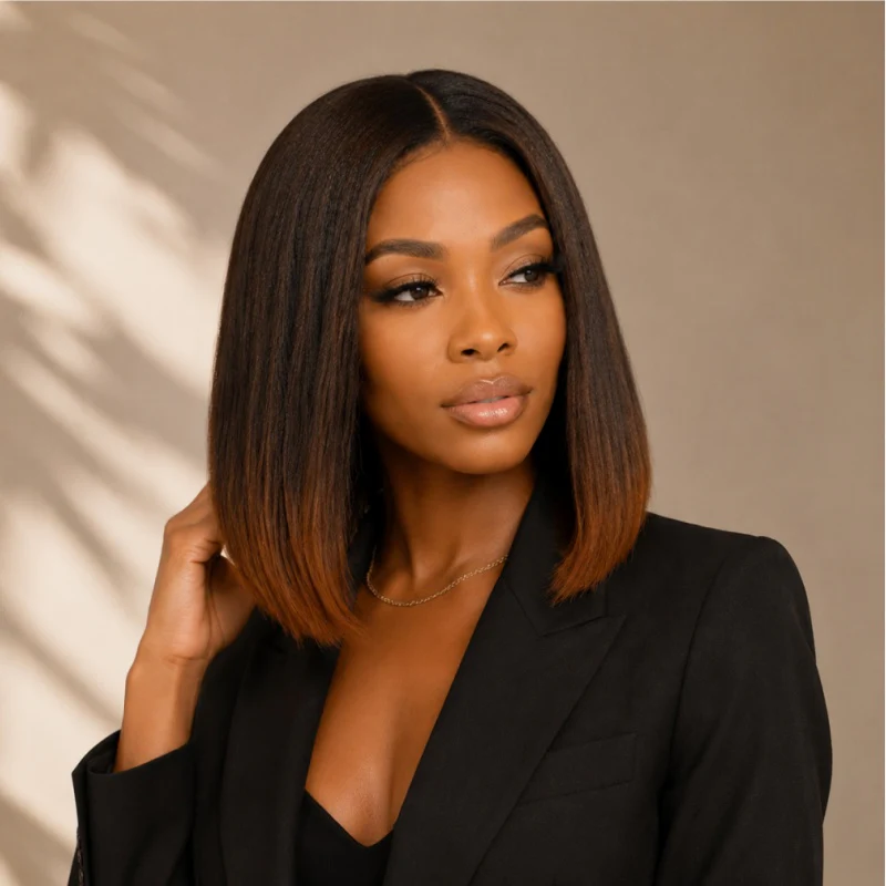 Amanda Hair Glueless Ombre Brown Yaki Straight Human Hair Bob Wig - Image 5