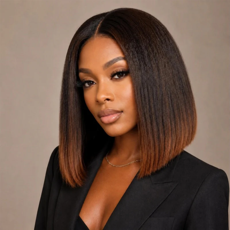 Amanda Hair Glueless Ombre Brown Yaki Straight Human Hair Bob Wig - Image 6