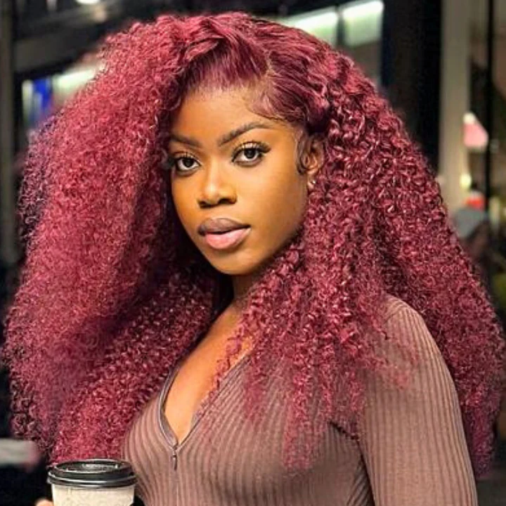 Burgundy 99J Curly Red Colored HD Transparent Lace Front Wig Human Hair Wigs - Image 3