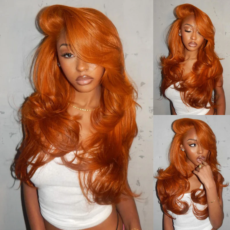Burnt Orange Straight And Body Wave 13x4 Lace Front Ginger Colored Wig Human Hair - Amanda Hairs