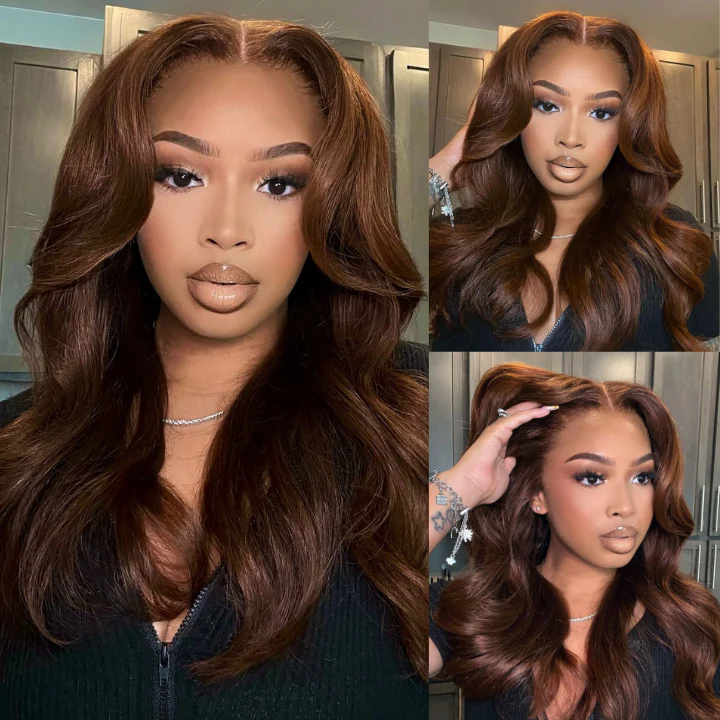 Chestnut Brown Loose Wave Human Hair Wigs with Curtain Bangs Glueless Lace Front Colored Wig - Amanda Hair - Image 4