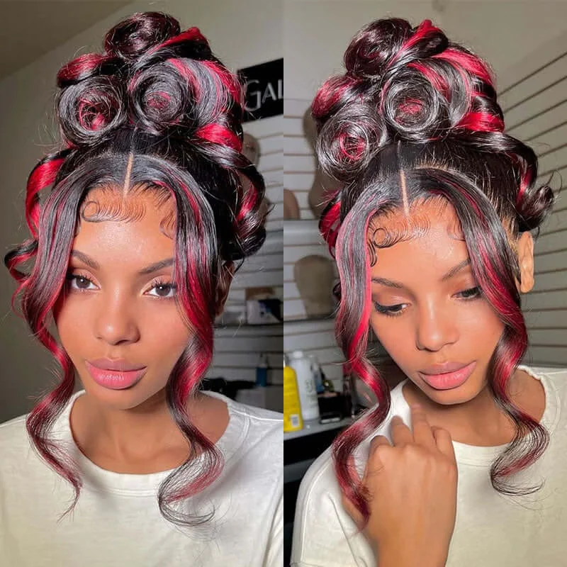 Glueless Loose Wave Black with Red & Blonde Highlight 13x4 Lace Front Multi Burgundy Color Human Hair Wig - Image 4
