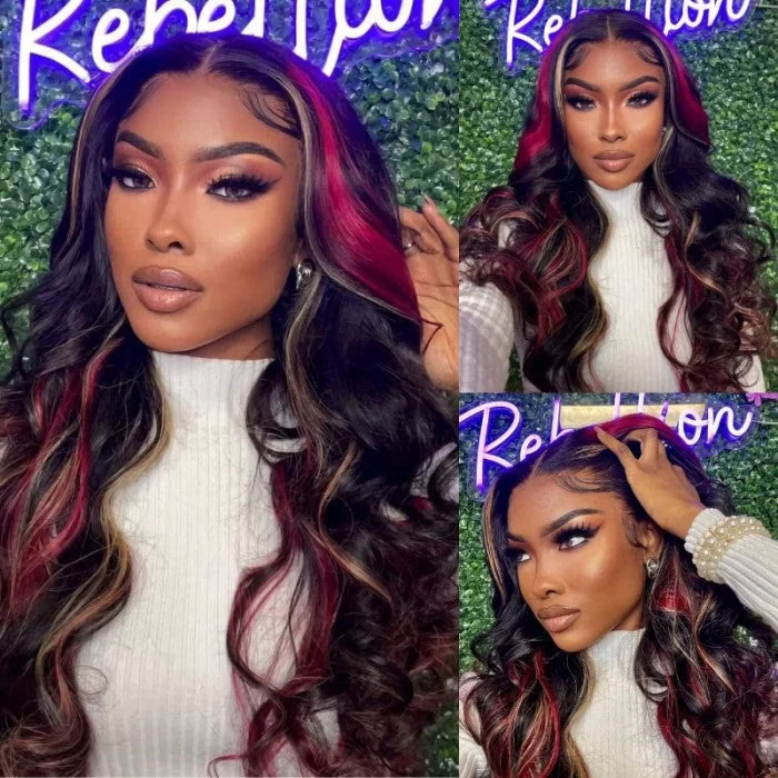 Glueless Loose Wave Black with Red & Blonde Highlight 13x4 Lace Front Multi Burgundy Color Human Hair Wig - Image 5