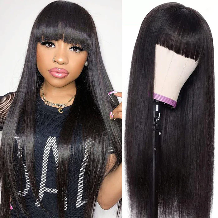 Buy 1 Get 1 Free Silk Straight Wigs With Bangs Machine Made Virgin Brazilian Hair Wig - Image 9