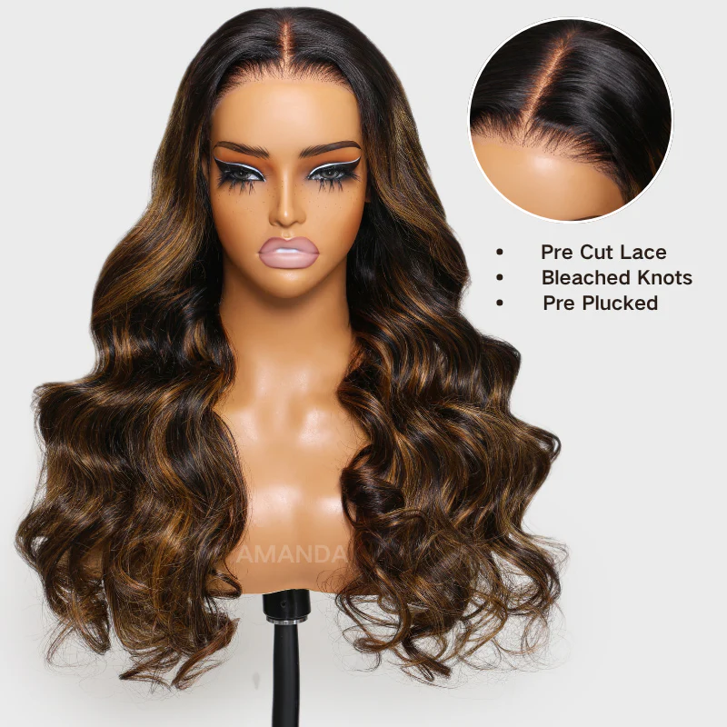 300% Density Glueless 3D Body Wave Highlight Balayage Brown 13x4 Transparent HD Full Lace Put On And Go Human Hair Wig - Image 7