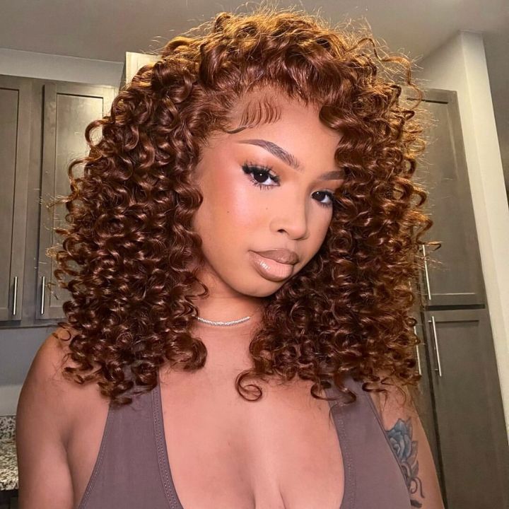 Glueless Lace Chocolate Reddish Brown Lace Front Deep Wave Wig 100% Human Hair Clear Transparent Lace Colored Wig- Amanda Hair - Image 3