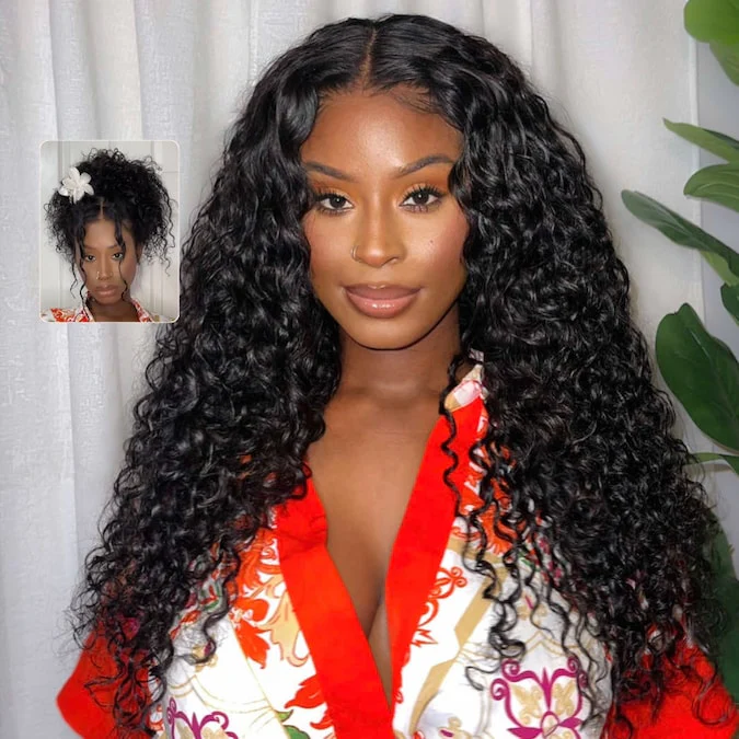 Glueless Water Wave & Curly Natural Black Bouncy 13x4 Lace Frontal Transprent Lace Wig Beginner Friendly - Image 3