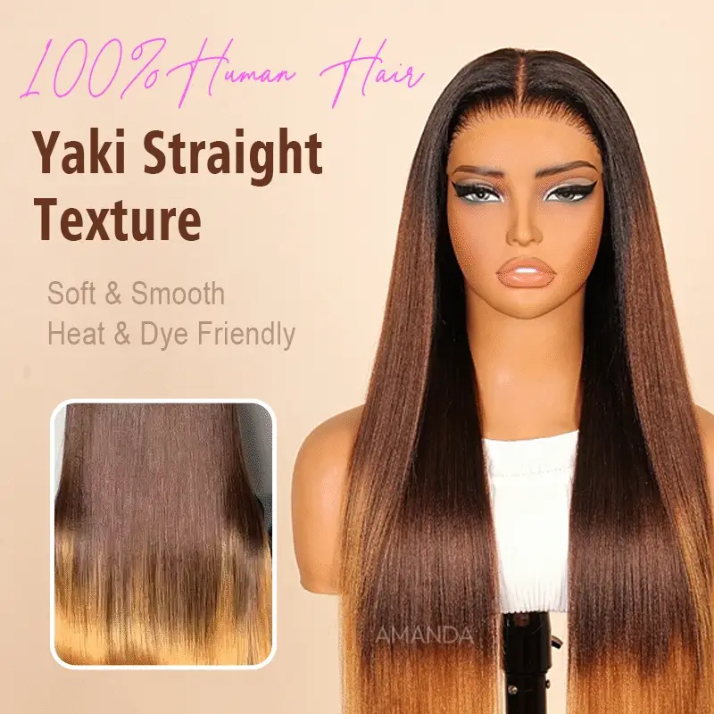 Luxury Yaki Straight 200% Density Dark Brown to Honey Blonde Ombre Color Glueless Human Hair Wig - Amanda Hair - Image 3
