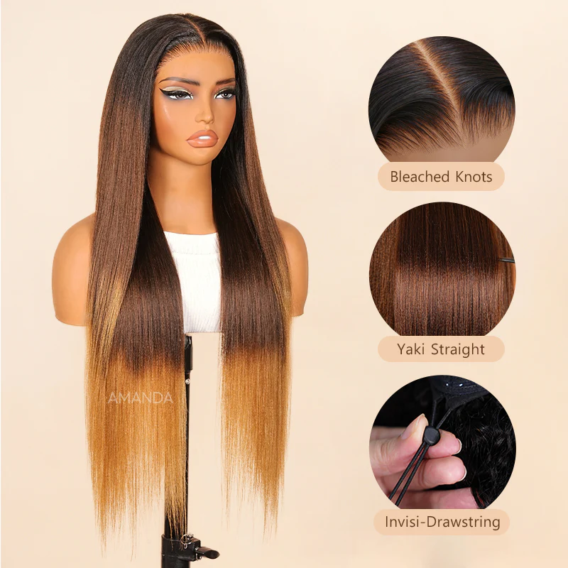 Luxury Yaki Straight 200% Density Dark Brown to Honey Blonde Ombre Color Glueless Human Hair Wig - Amanda Hair - Image 4