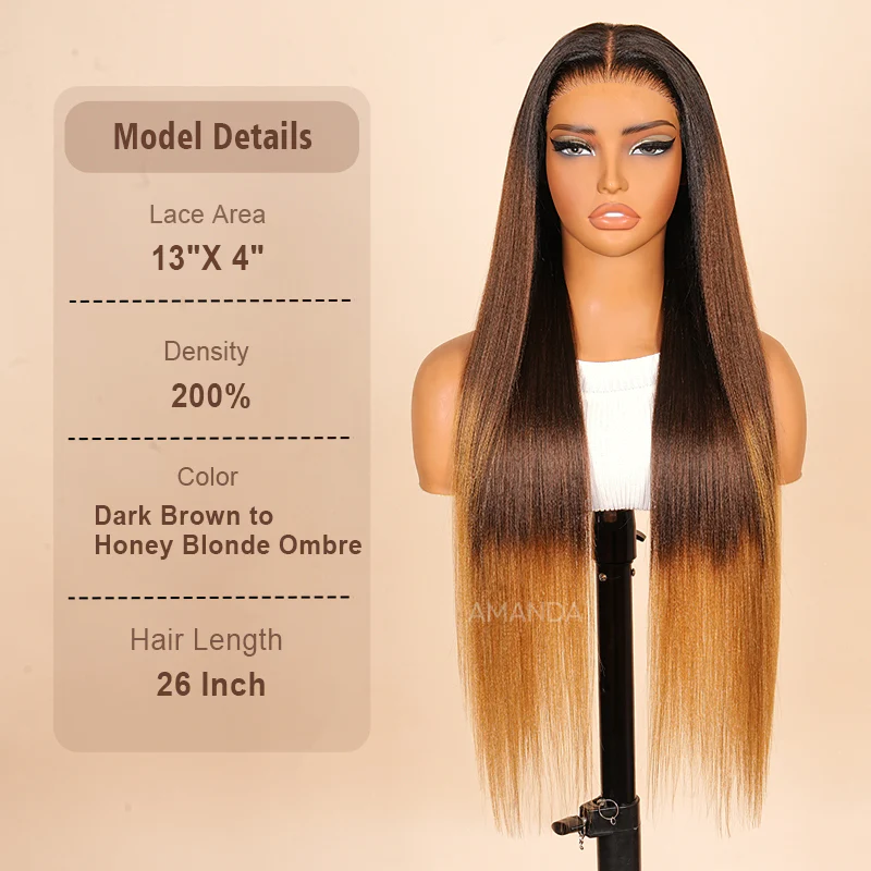 Luxury Yaki Straight 200% Density Dark Brown to Honey Blonde Ombre Color Glueless Human Hair Wig - Amanda Hair - Image 5