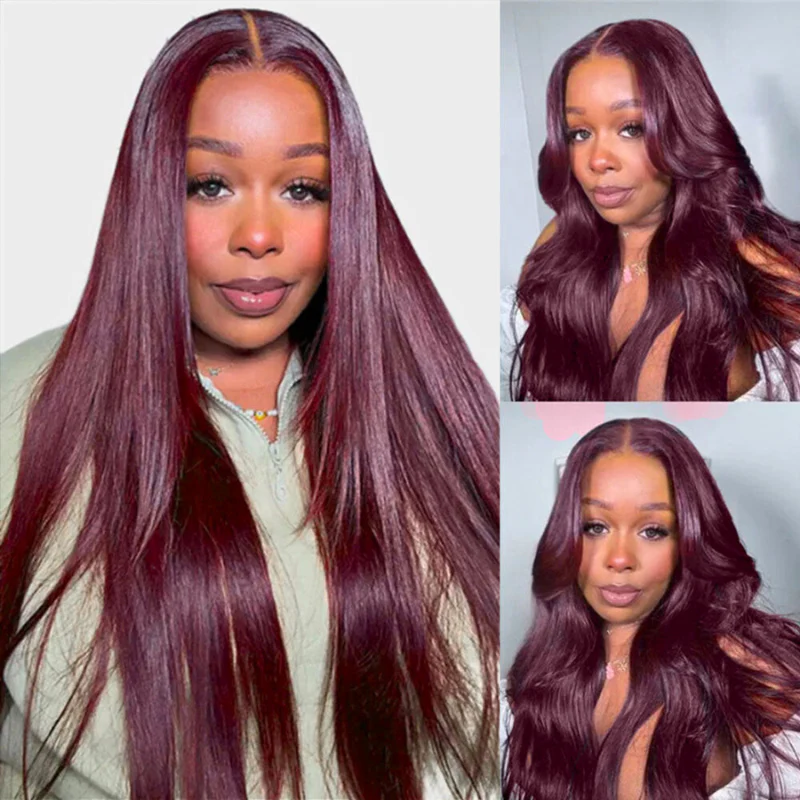 Straight 7x5 / 13x4 Lace Frontal Glueless Dark Purple Cherry Burgundy Wig Invisi Drawstring Human Hair Wigs-Amanda Hair - Image 3