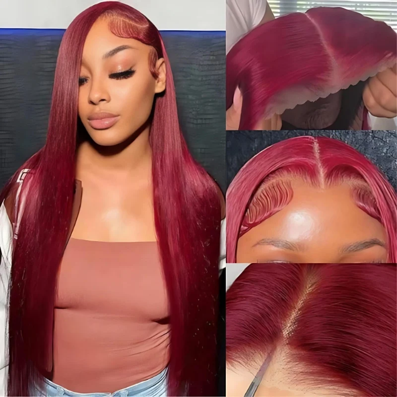 Straight Glueless 7x5 / 13x4 Lace Front Wig Pre Everything 99J Burgundy Red Colored Transparent Lace Human Hair Wigs- Amanda Hair