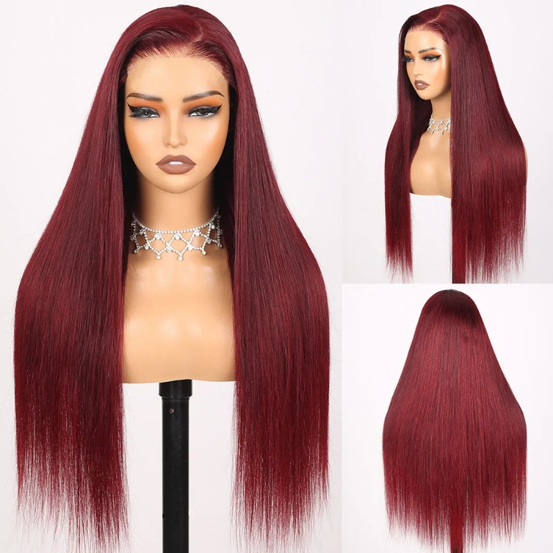 Straight Glueless 7x5 / 13x4 Lace Front Wig Pre Everything 99J Burgundy Red Colored Transparent Lace Human Hair Wigs- Amanda Hair - Image 3