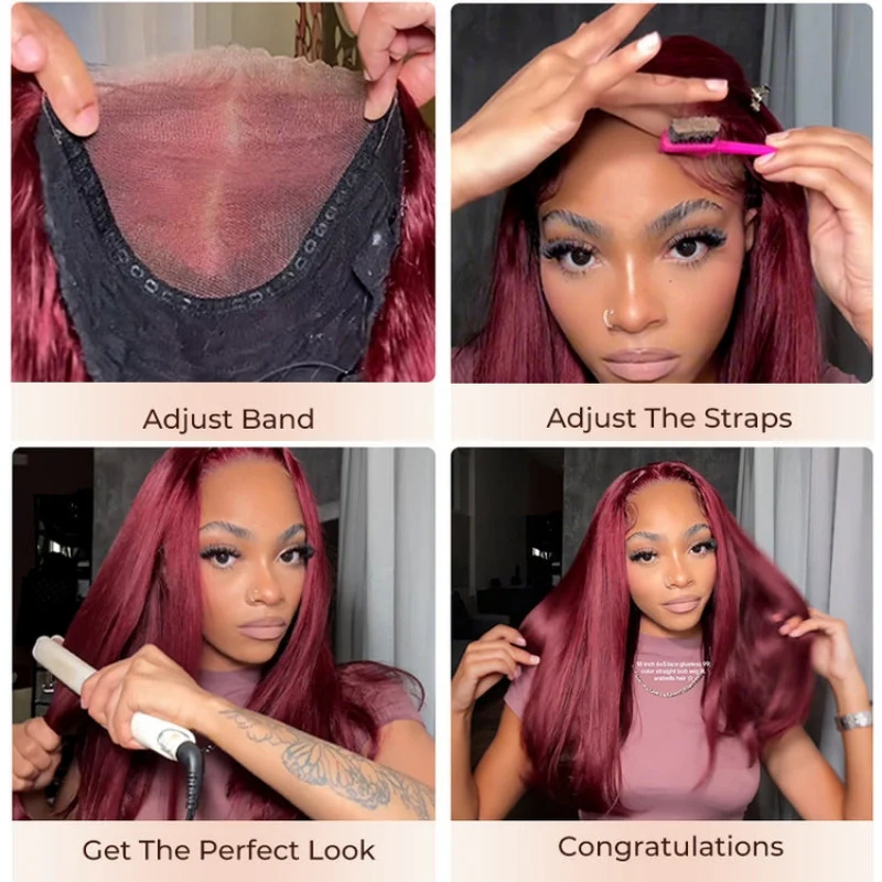 Straight Glueless 7x5 / 13x4 Lace Front Wig Pre Everything 99J Burgundy Red Colored Transparent Lace Human Hair Wigs- Amanda Hair - Image 6