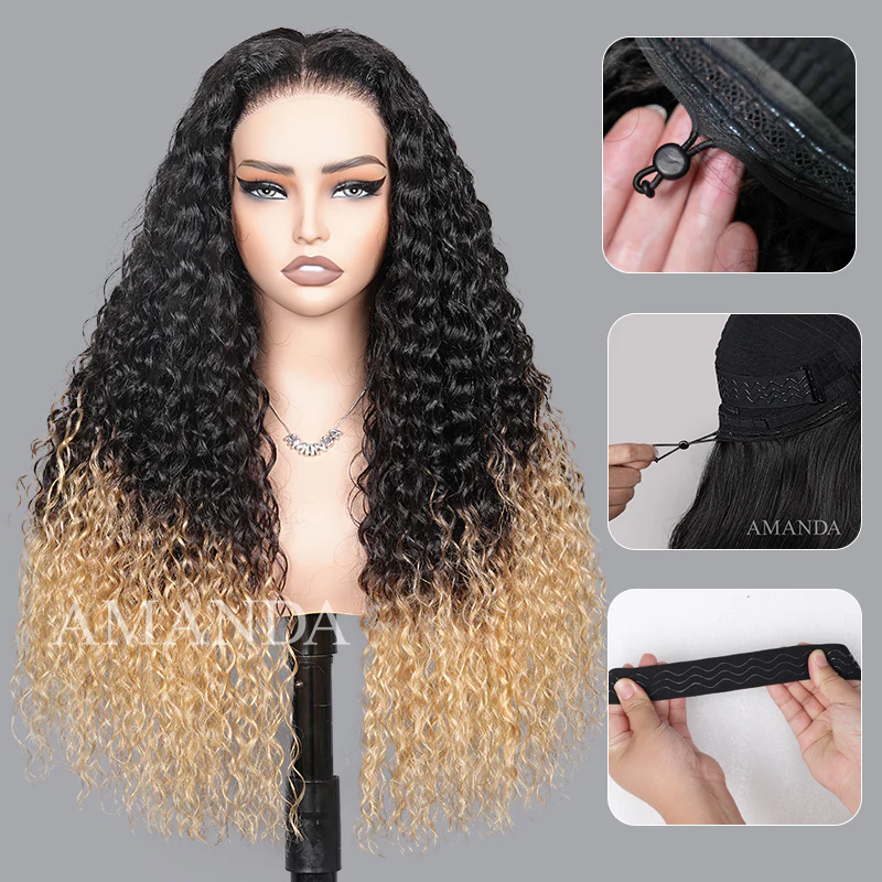 Two Tone Ombre Honey Blonde Glueless Curly Clear HD Lace Front Colored Wig - Image 3