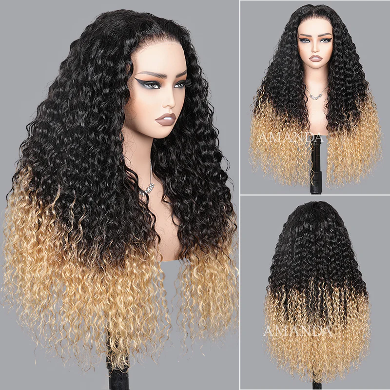 Two Tone Ombre Honey Blonde Glueless Curly Clear HD Lace Front Colored Wig - Image 4