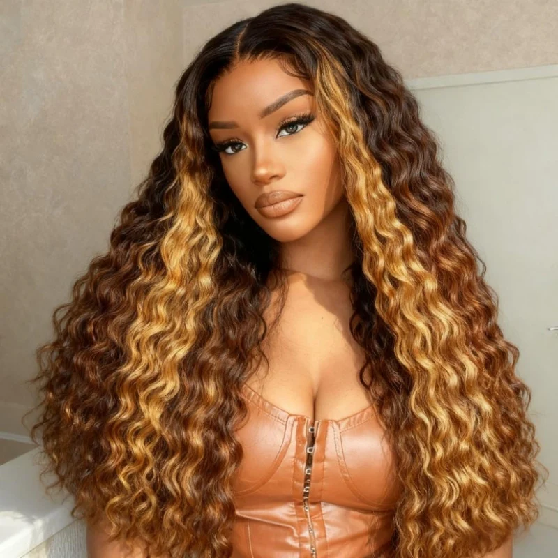 V Part Ombre Highlights Brown Water Wave Wig Hand-woven Invisible Drawstring Glue-free 100% Human Hair Beginner-friendly Flash Sale - Amanda Hair - Image 3